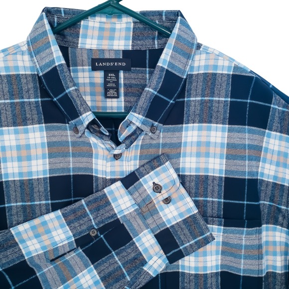 Lands' End Other - Lands' End Button-Down Men 3XL Blue Plaid‎ Traditional Fit Cotton Flannel 435920